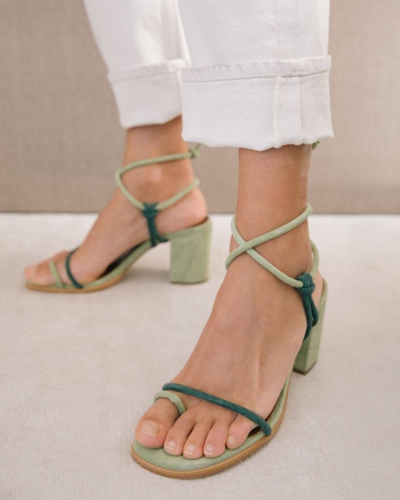 Green strap, block heel sandals from sustainable shoe company Alohas