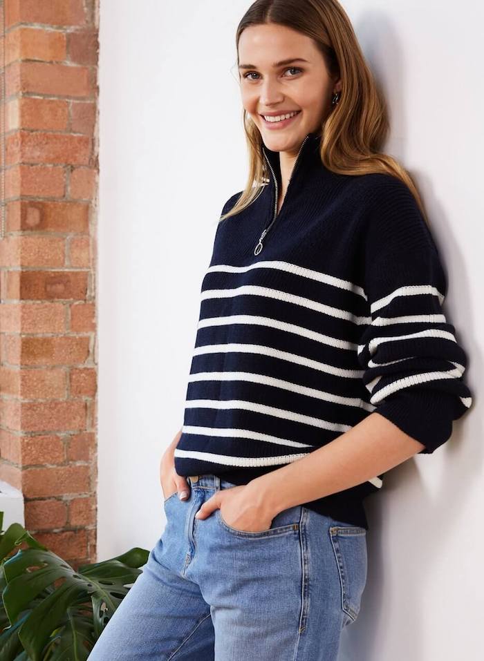 Baukjen sustainable sweater made from merino wool and recycled yarn, jumper with stripes