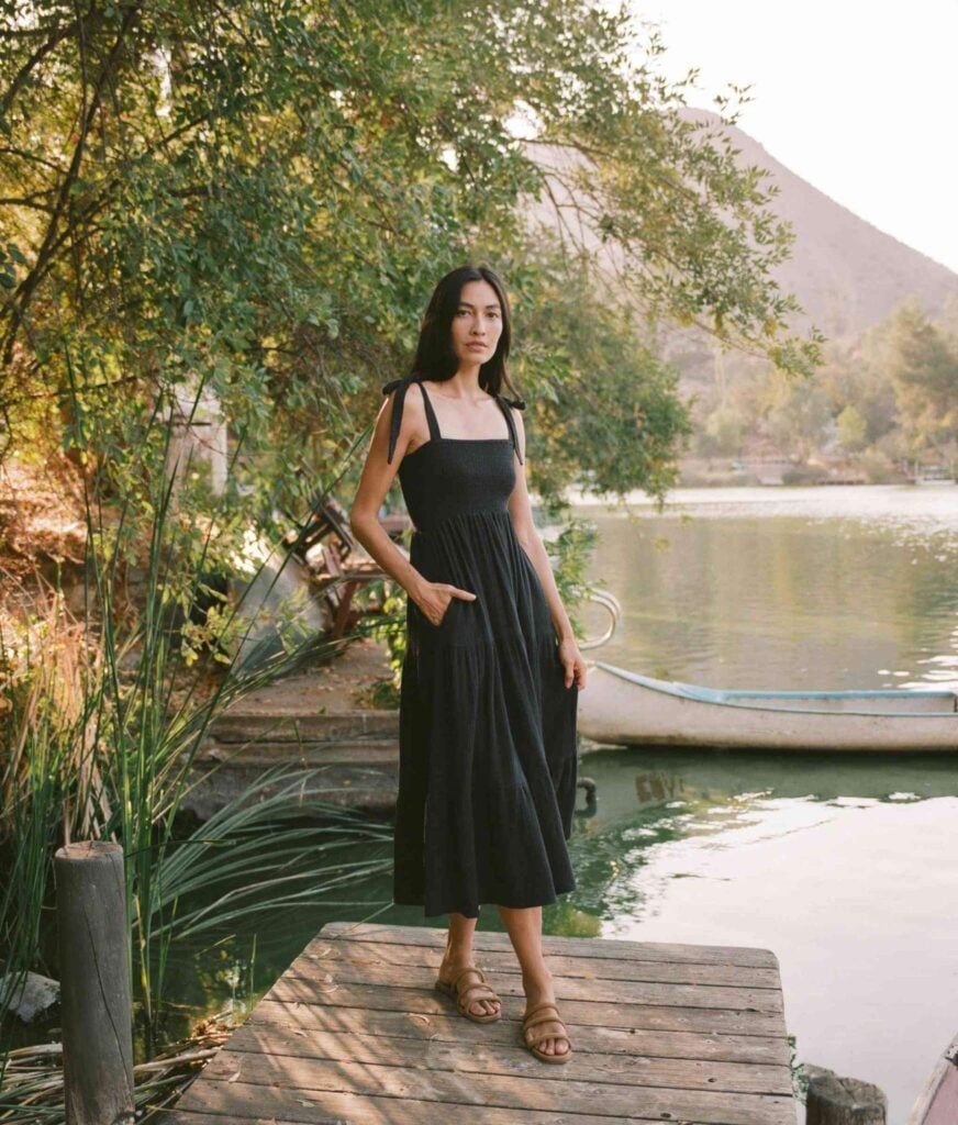 Christy Dawn black sustainable dress, made from sustainable fabric. Perfect for summer or dressed up for cocktail parties.