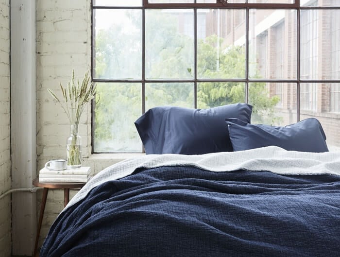 Coyuchi sustainable blue bed linen 