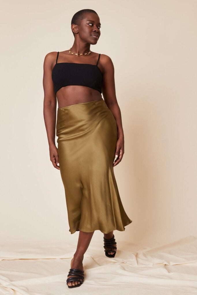 Whimsy and row gold cupro satin midi skirt