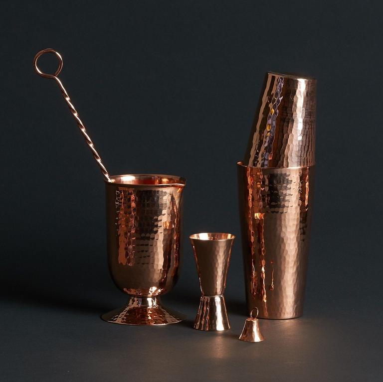 Handcrafted recycled copper cocktail set available on made trade