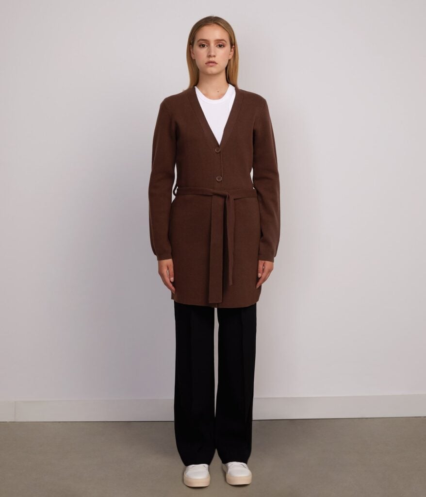 Matt and Nat long brown cardigan made from vegan materials