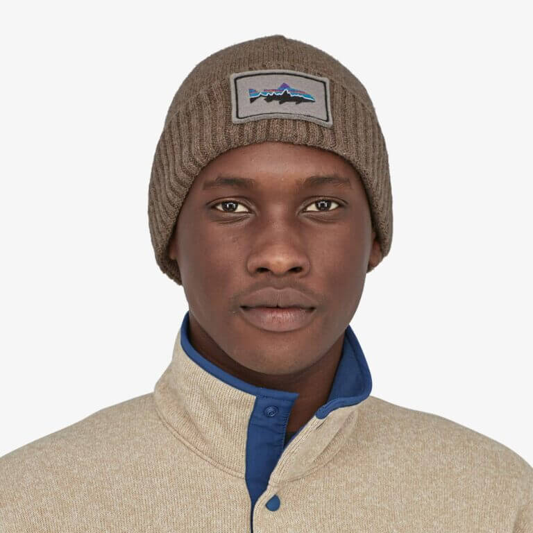 Patagonia mens green beanie with Patagonia fish logo