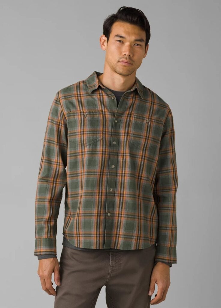 prAna ethical mens clothing green and orange flannel shirt