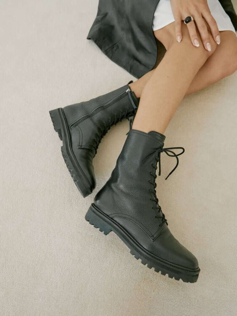 Reformation sustainable and ethical boots, leather lace up combat style boots