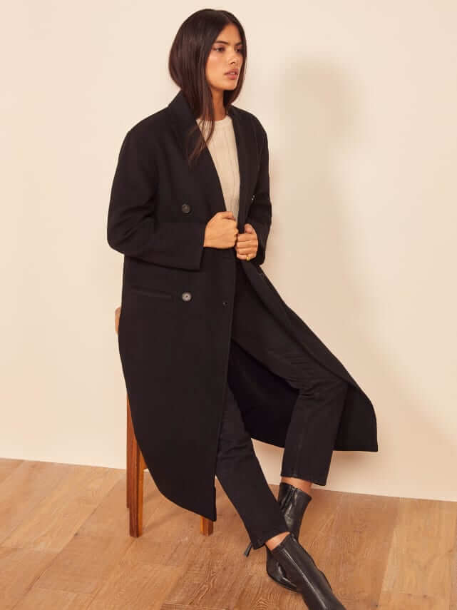 Reformation long wool winter coat produced ethically and sustainably 