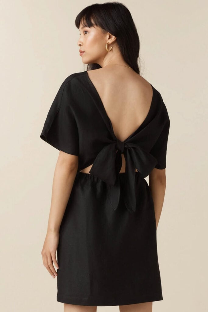 Vetta capsule wardrobe collection, sustainable dress in black with tie back