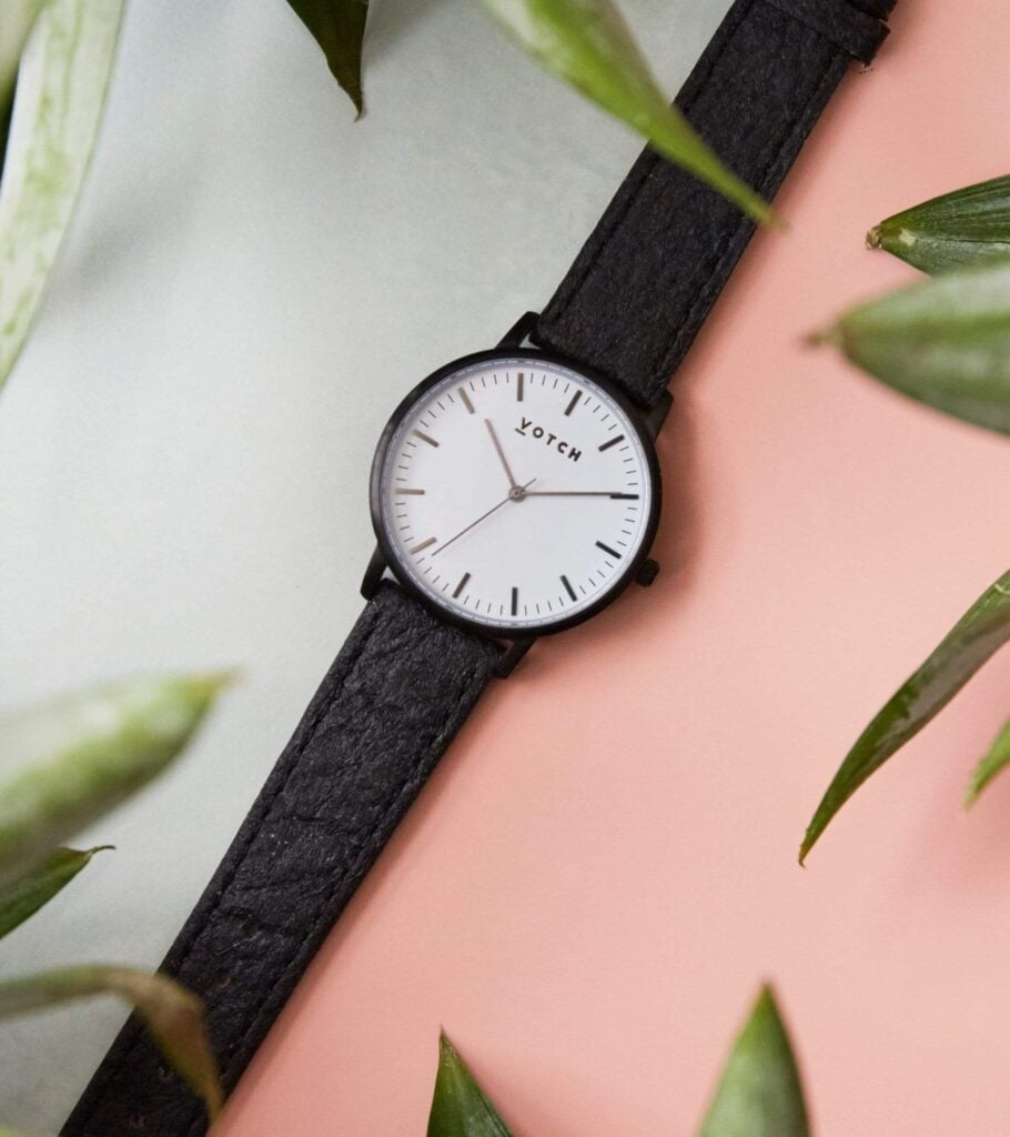 Votch black vegan leather watch made from pinatex