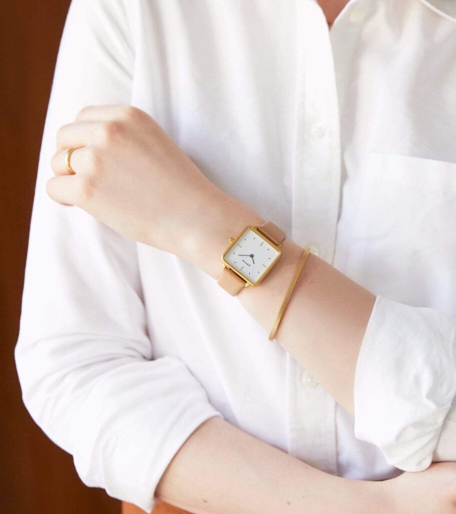 Votch vegan leather watch with pink strap and gold square face