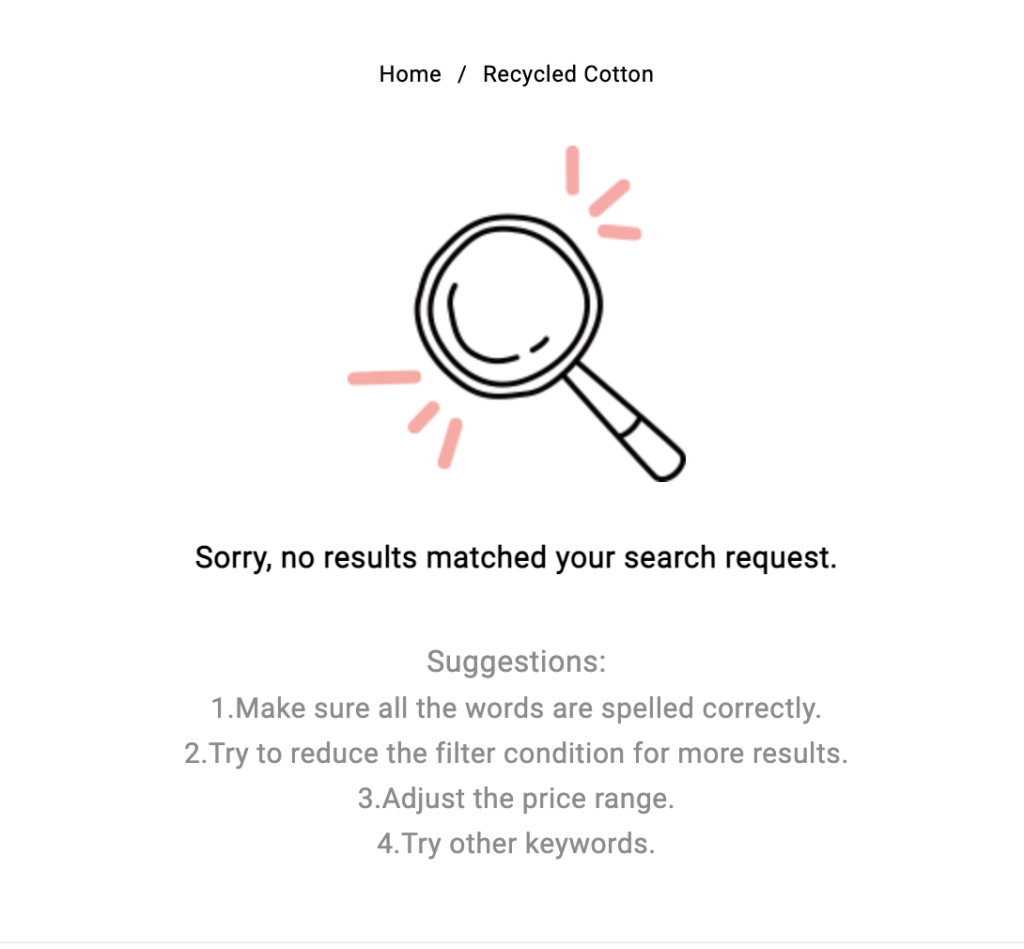 Screenshot from Emmiol website showing no results for recycled cotton