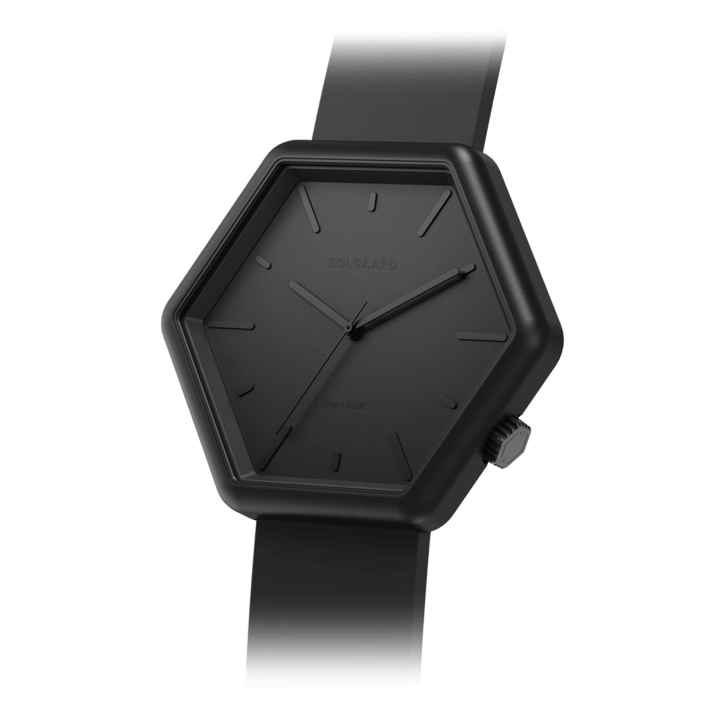 All black watch made from biodegradable silicone with a hexagon watch face