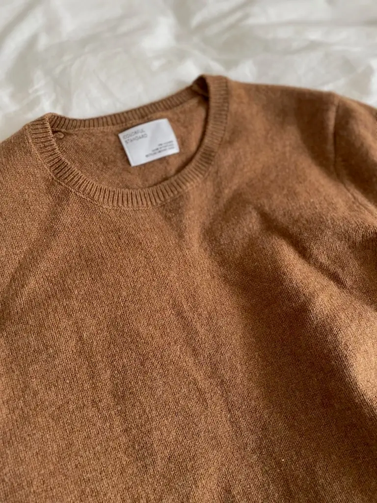 Colorful Standard Merino wool crewneck after one year of wear