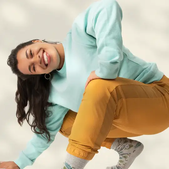 Model wears Conscious step blue sweatshirt