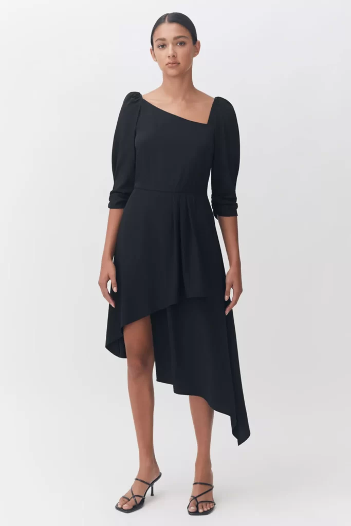 San Francisco clothing brand Cuyana black dress on model