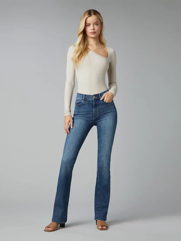 model wears vegan bootcut jeans from brand DL1961