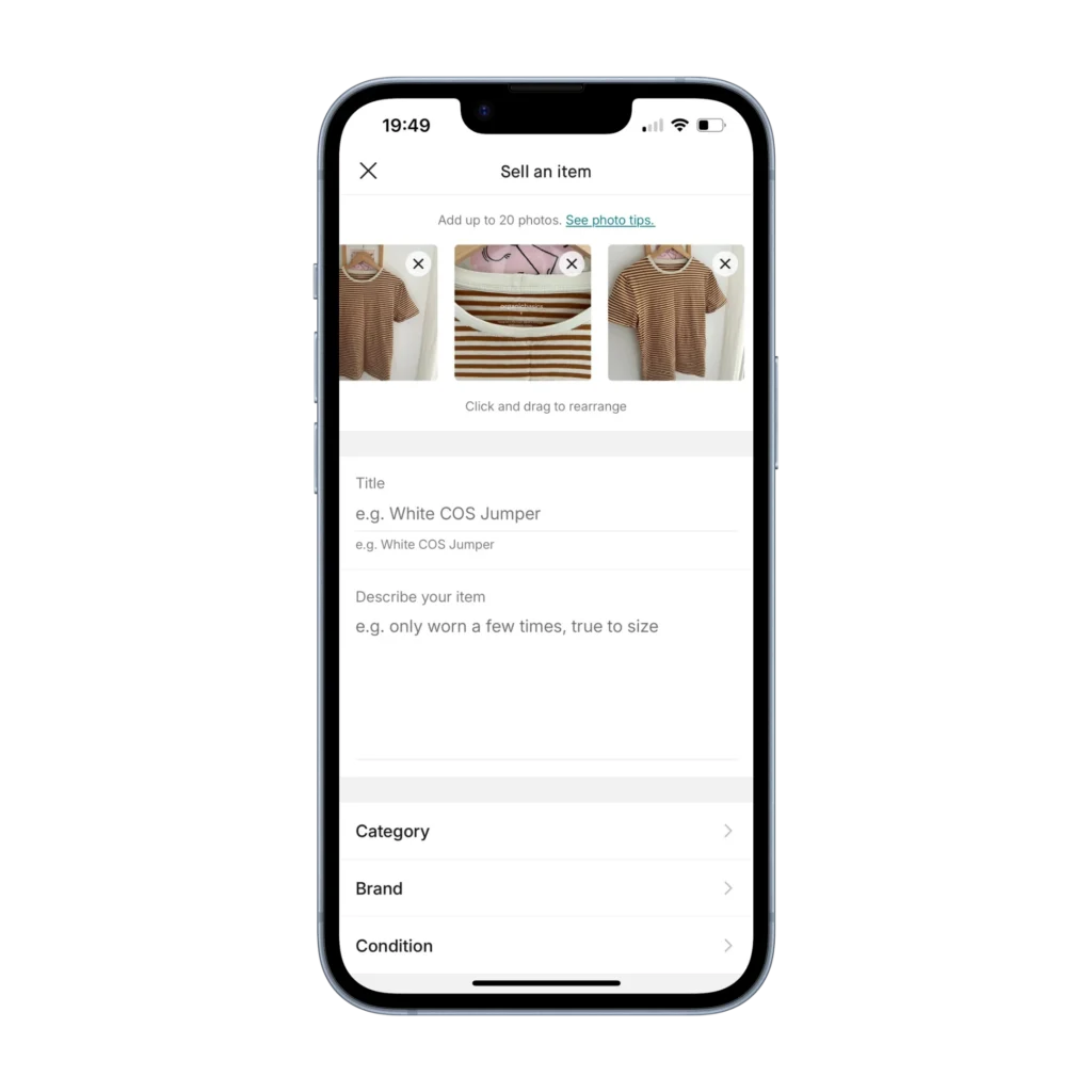 Selecting photographs of items to sell clothes on vinted