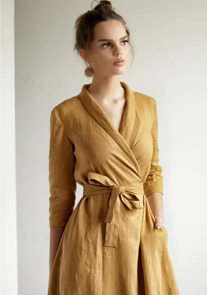 Linen Handmade Studio gold dress on model