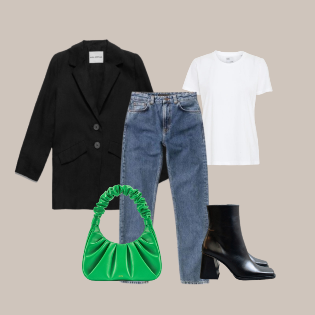 Style tip for sustainable blazers pair with t shirt, jeans, boots, and a bag.